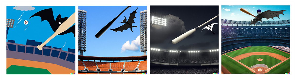 'Bir beyzbol stadyumunun üzerinde bir yarasa uçuyor': İlk görüntü gazeteden, diğer üçü ise aynı mesajın DALL-E 2'ye girilmesiyle elde edildi.