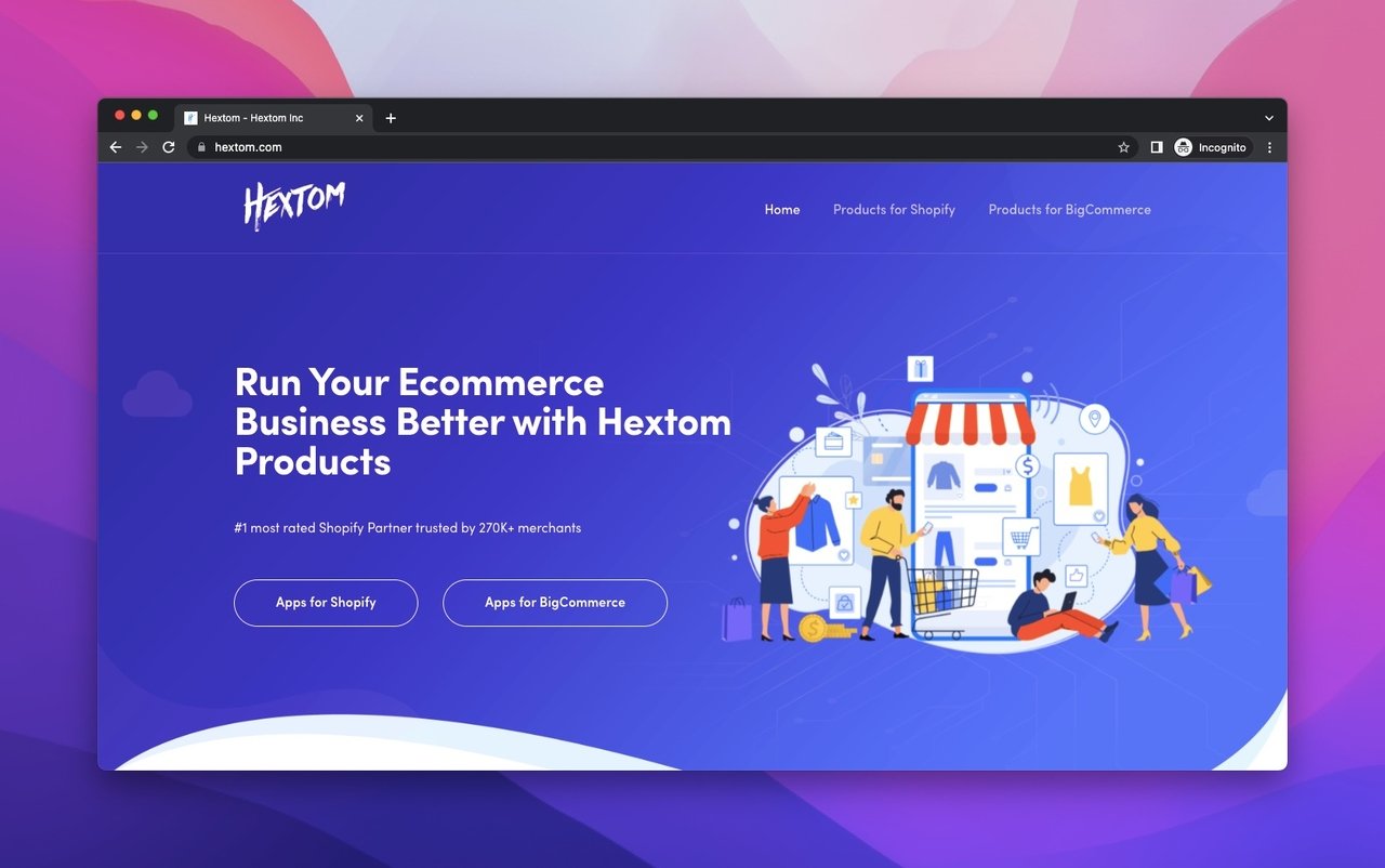 CTA açıklamasını içeren bir arka plana ve e-ticaretle uğraşan kişileri gösteren bir öğeye sahip Hextom web sayfası